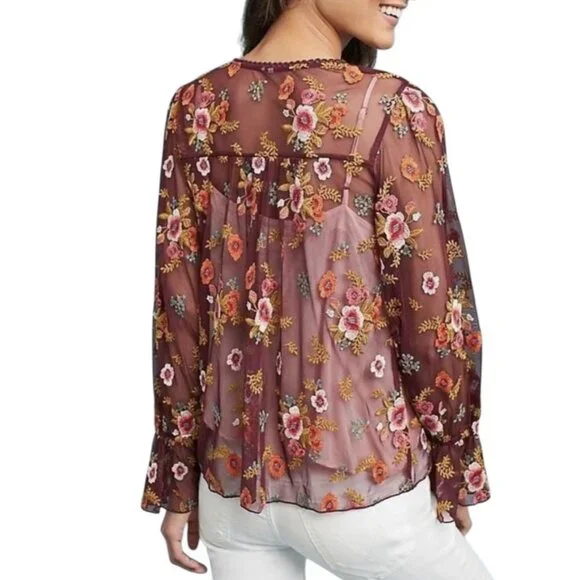 Anthropologie Feather Bone Top XS Size Ruffled Giralda Blouse Embroidery Floral - Picture 4 of 13